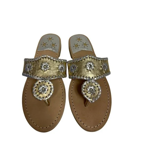 NEW Jack Rogers Women's Sandal Flat Block Heel Silver Gold Size 6 Leather Navajo - Picture 3 of 7